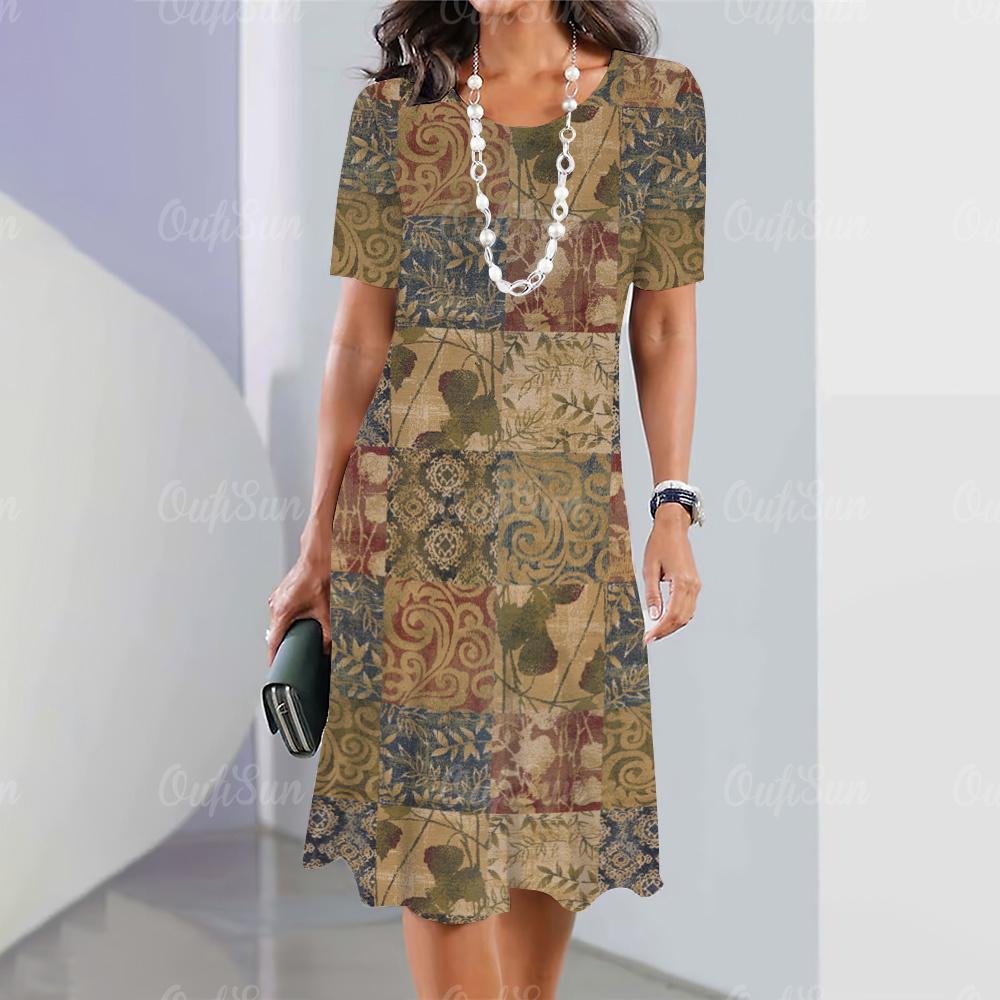 Summer Woman Clothing Short Sleeves Dresses Irregularly Printing Long Dress 3d Retro Women's Clothing Loose Round Neck Pullover