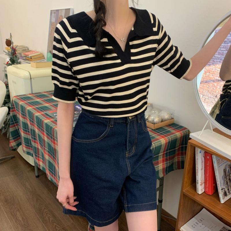 Ленивый Ветер Полосатый Пуловер с V-образным вырезом Женский Летний Сто Свободный Короткий Рукав Вязаная Рубашка Топы Повседневный Базовый Комфортный Стиль Приталенный Пуловер Футболки