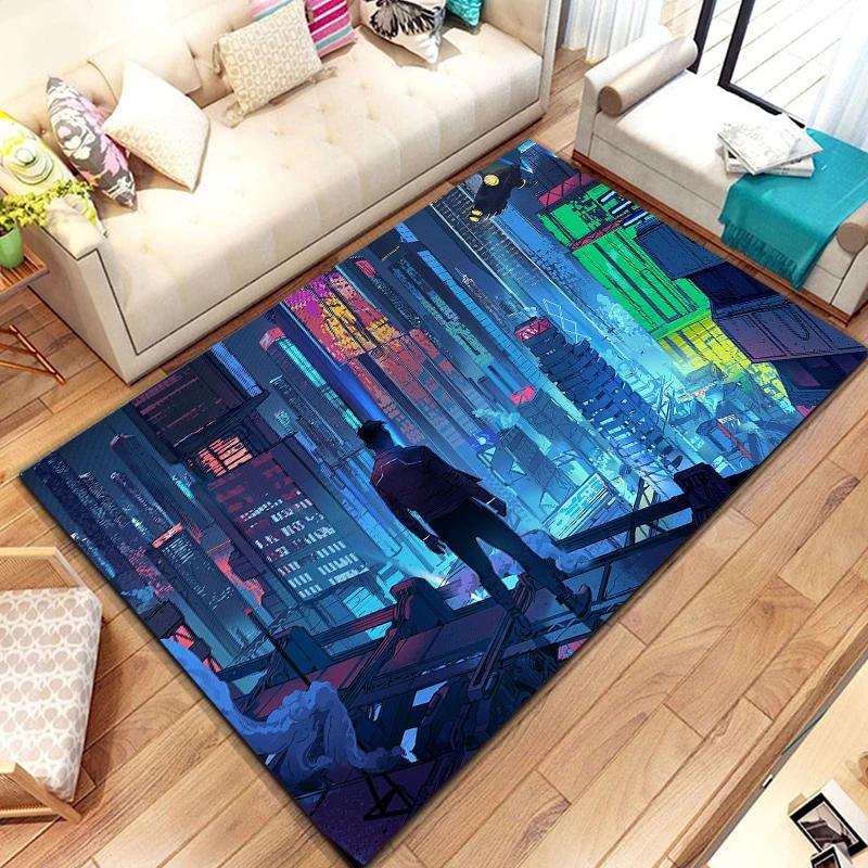Cyberpunk Urban Nightscape Printed Carpet, Living Room Bedroom Home Decoration Carpet, Bathroom Anti-skid Rugs for Bedroom