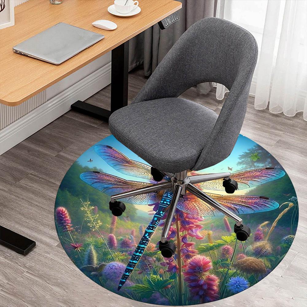 1pc Dragonfly Wildflowers Round Chair mat Area Rug - Non-Slip, Floor Mat for Office, Bedroom, home decor Christmas Gift-1002333