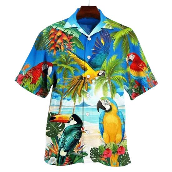 Модная Гавайская рубашка с отложным воротником, универсальная тонкая мужская повседневная одежда с тропическими листьями и принтом, праздничная повседневная одежда