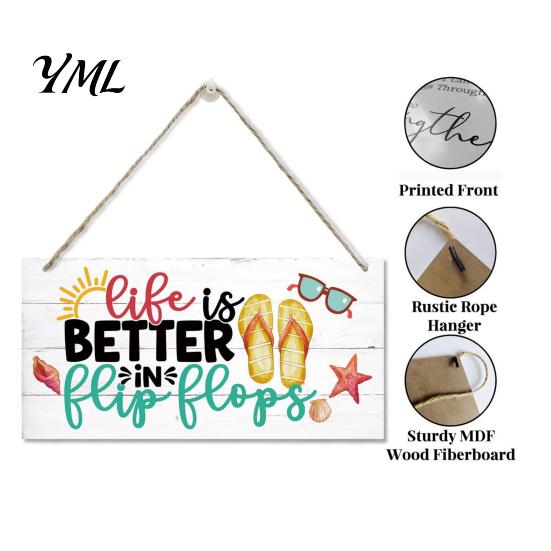 Summer Theme Door Hanger Wood Sign for Front Door, Tropical Beach Hanging Welcome Coastal Wall Art Sign, Rustic Wooden Home Porch Decor Decoration