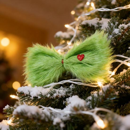 Рождественский зеленый пушистый бант для елки Большой зеленый пушистый бант для волос с красным сердцем Аксессуары для рождественского костюма для женщин, девочек