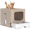 Cat Litter Box with Lid, Slide-Out Drawer, Scoop, Easy Clean, Odour Control, Anti-Splashing, Khaki