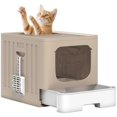 Cat Litter Box with Lid, Slide-Out Drawer, Scoop, Easy Clean, Odour Control, Anti-Splashing, Khaki