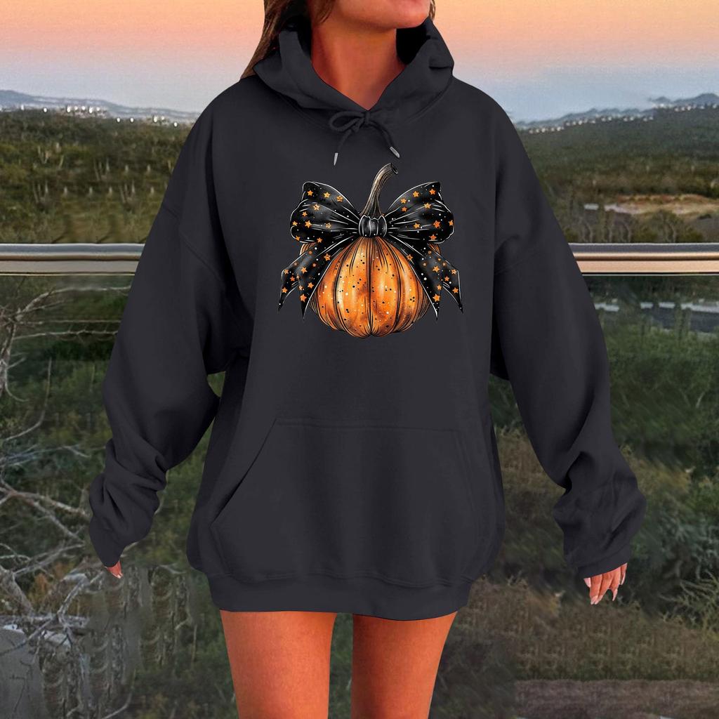 Женский плюшевый свитшот с длинными рукавами оверсайз со спущенными плечами и капюшоном с принтом на Хэллоуин