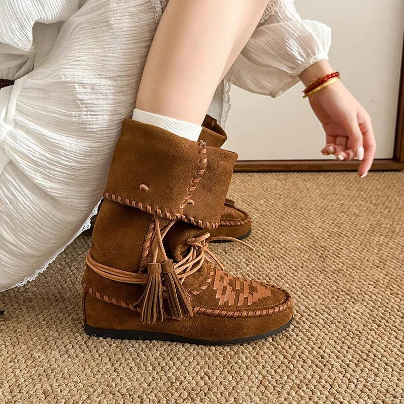 Fashion Retro Weaved Tassel Lace-Up Cowboy Boots Woman Turned-Over Edge Suede Leather Mid-Calf Boots Ladies Inner Height Western Boots