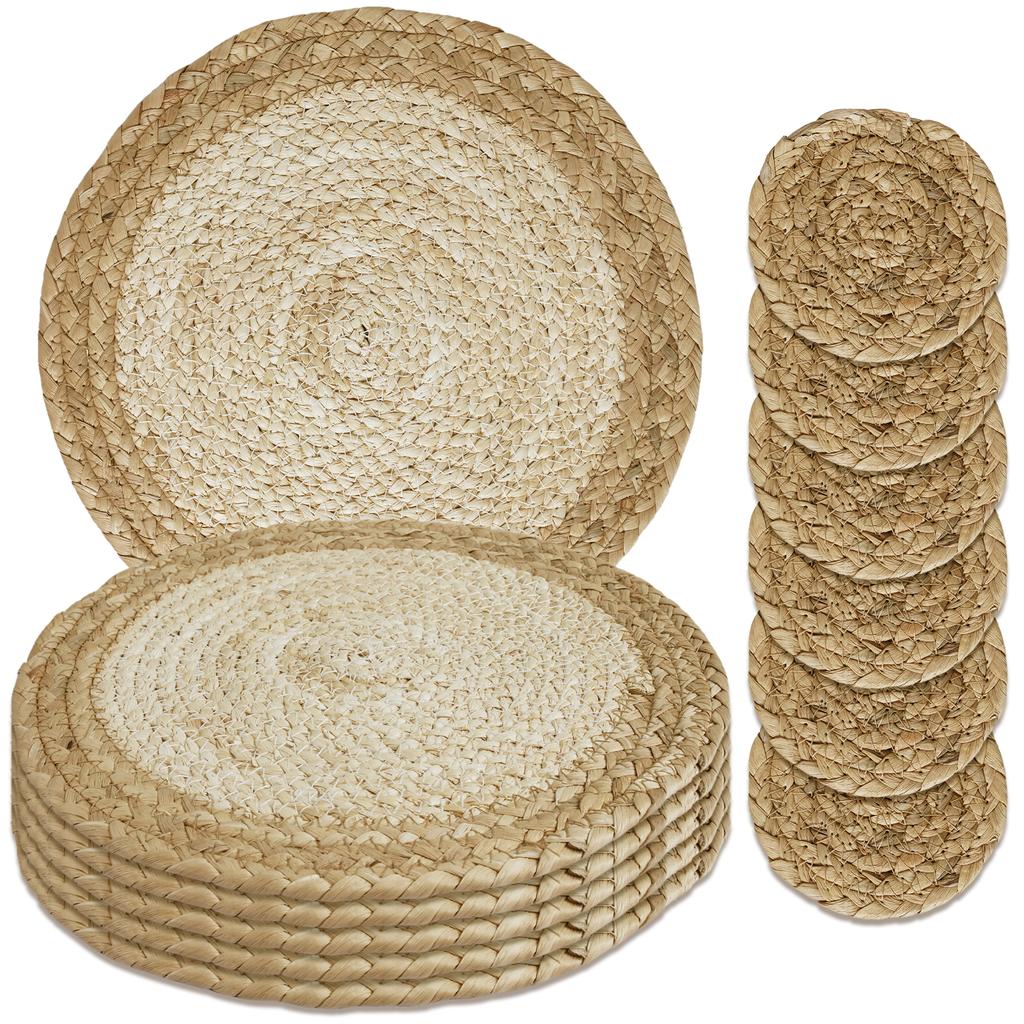 Set of 6 Boho Placemats with Coastor Handmade Natural Water Straw Woven Table Mats Farmhouse Style Placemats for Dining Table