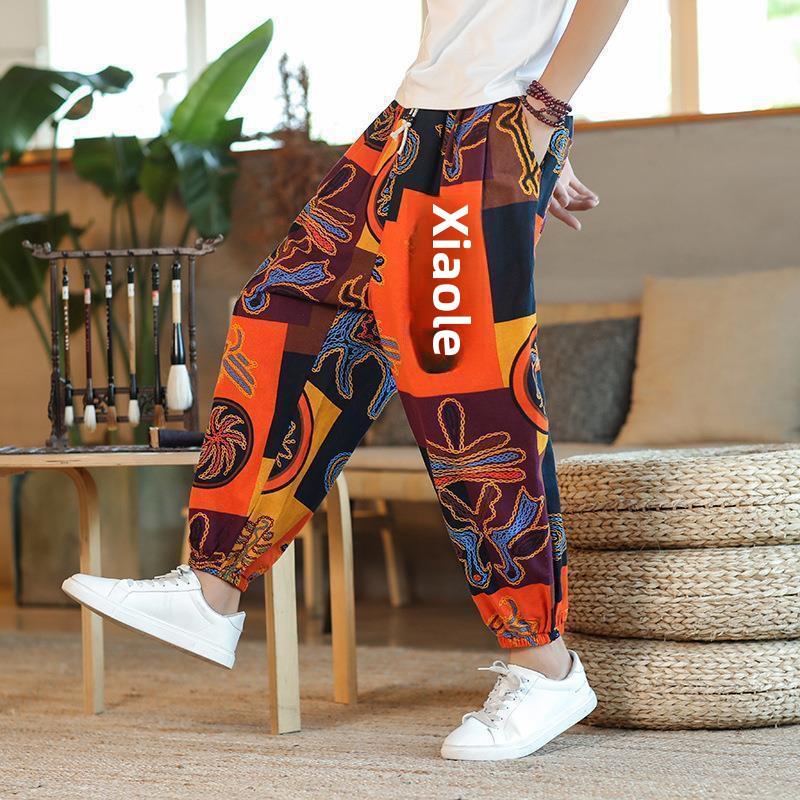 Мужские льняные брюки широкого покроя в тайском стиле с цветком кешью