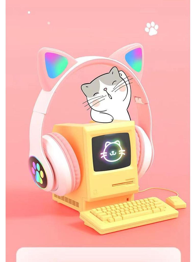 STN-28 Luminous Cat Ear Wireless Bluetooth Headset with Heavy Bass, Over-ear, Sport & Card Slot