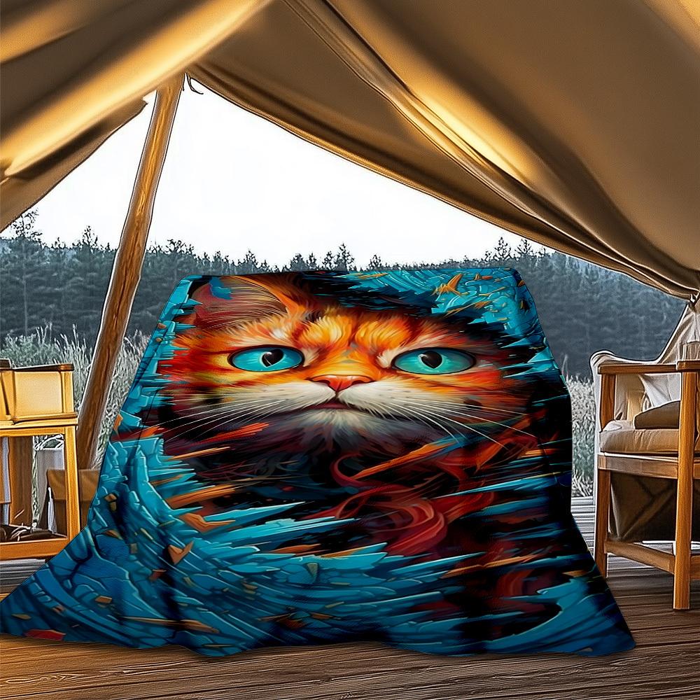 1pc Vibrant Cat Portrait Print Outdoor Blanket, Lightweight Polyester,