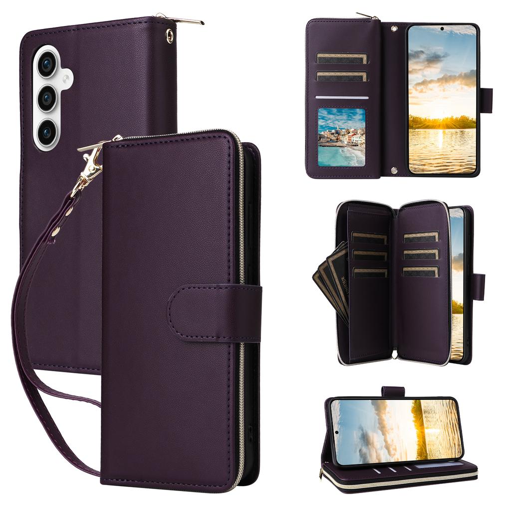 For Samsung Galaxy S25 FE Case 9 Card Slots Zipper Pocket PU Leather Phone Cover with Wrist Strap