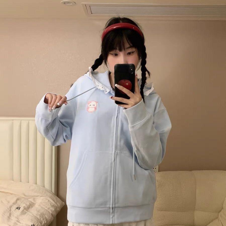 Kawaii Sweet Harajuku Hoodies Women Japanese Gothci Lace Patchwork Cartoon Embroidery Zipper Oversize Sweatshirt