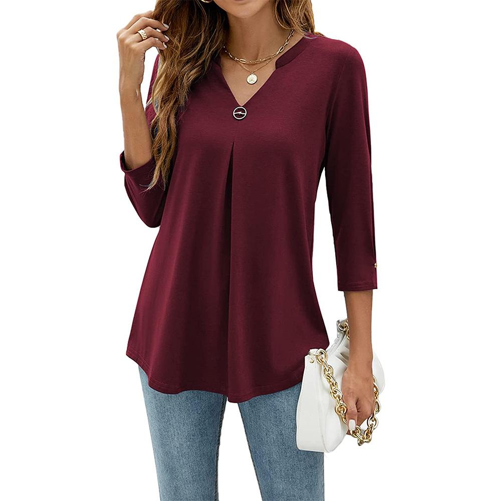 Women's V-Neck Tunic Blouse 3/4 Sleeve Shirts Loose Fit Top with Ring Detail, Casual Dressy Shirt for Work or Daily Wear Blouses Casual Tops S-XXL