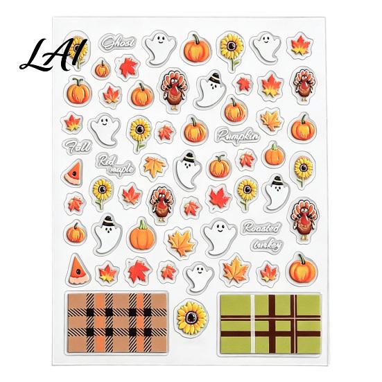 Fall Themed Nail Accessories Art Stickers for Halloween Thanksgiving Autumn Turkey Pumpkin Maple Wearable Manicure Leaf Sticker Embossed Waterproof