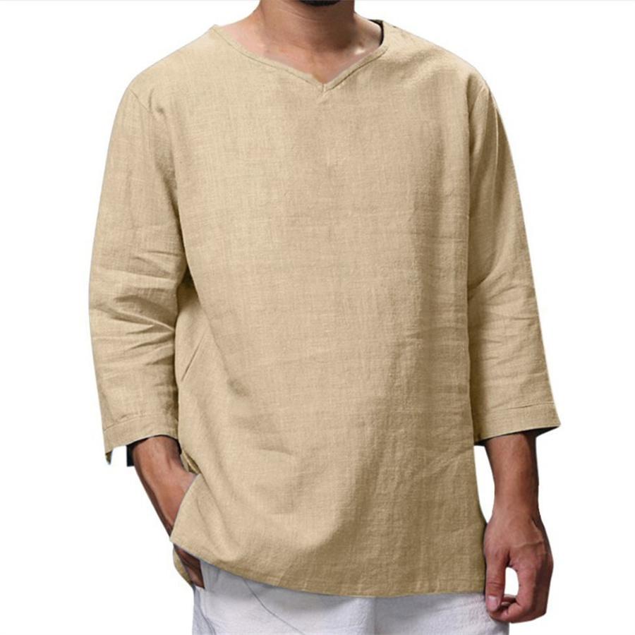 Мужская рубашка свободного кроя из хлопка и льна с длинным рукавом и v-образным вырезом