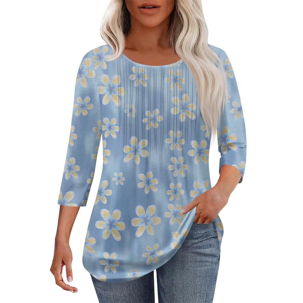 Women's Fashionable Casual Pleated Round Neck Casual Floral Print Seven Quarter Sleeved T-shirt Top