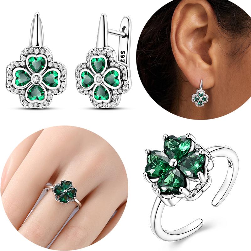 Original 925 Sterling Silver Green Four Clover French Hoop Earrings Rotstable Open Ring Set For Women Wedding Jewelry Gift
