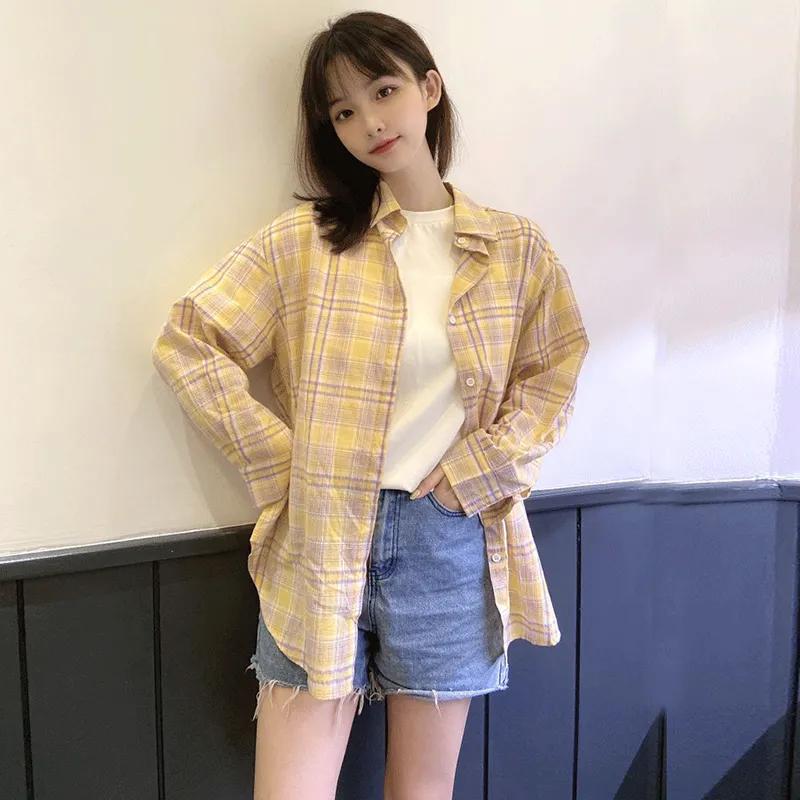 Cotton Thin Sunscreen Plaid Shirt Spring and Summer Women's Loose Plaid Shirt Student Jacket