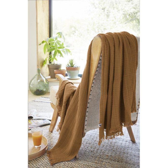 "Gaïa" Fringed Blanket All Sizes "Cotton Gauze" - Gaïa Camel - 180 X 220 Cm