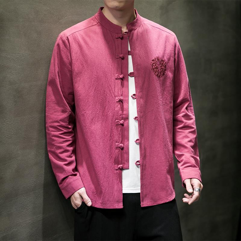 2025 Весна Лето Мужская рубашка в китайском стиле из хлопка Мужские однотонные свободные рубашки Мужская традиционная рубашка кунг-фу тайцзи ханьфу