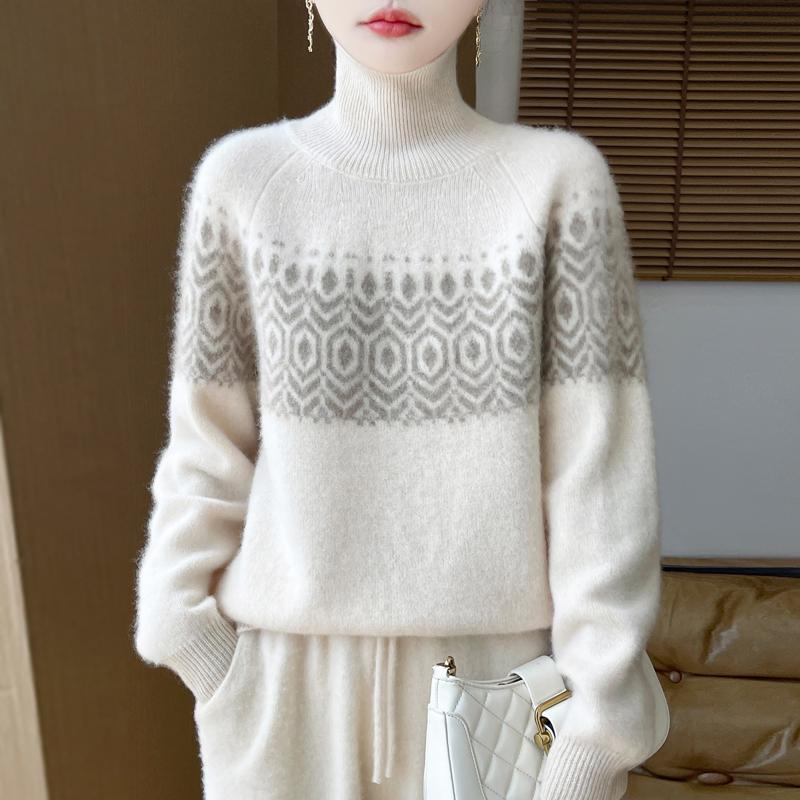 Women's Sweater Autumn and Winter 100% Merino Wool Sweater Casual Loose High Collar Pullover Fashion Korean Jacquard Women's Top