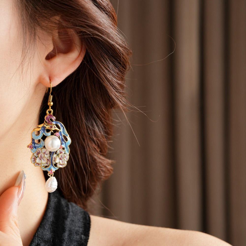 Exquisite Vintage Earrings Pearl Pendant Chinese Style Earrings Cloisonne Drop Earrings Hanfu