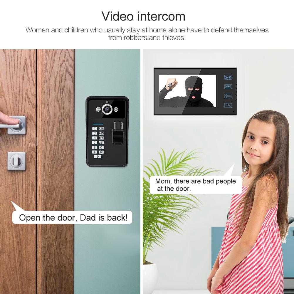 7in Fingerprint RFID Password Video Intercom 2 Monitor Wired Doorbell Access System100-