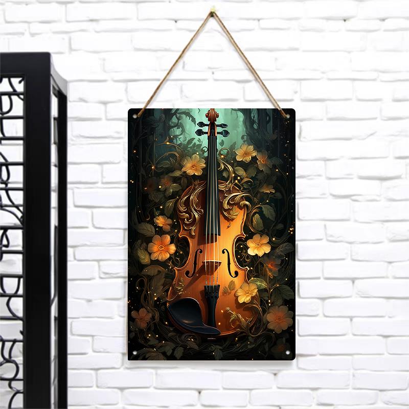 Enchanted Forest Violin Metal Wall Art with Golden Floral Vines and Glowing Accents