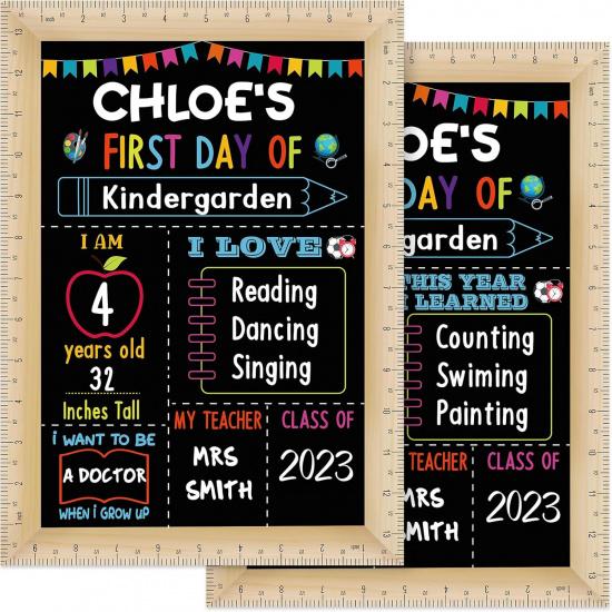 Pajean First and Last Day of School Board Sign Chalkboard with Ruler Frame Printing, Reble Back to School Board Wooden Double Sided Photo Prop, 14 x