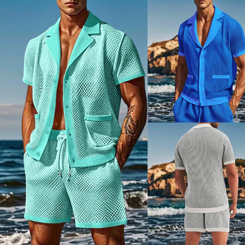 Seaside Beach Sexy Two Piece Sets Mens Fashion Hollow Out Breathable Mesh Shirts and Shorts Suits Men Daily Leisure Mesh Outfits
