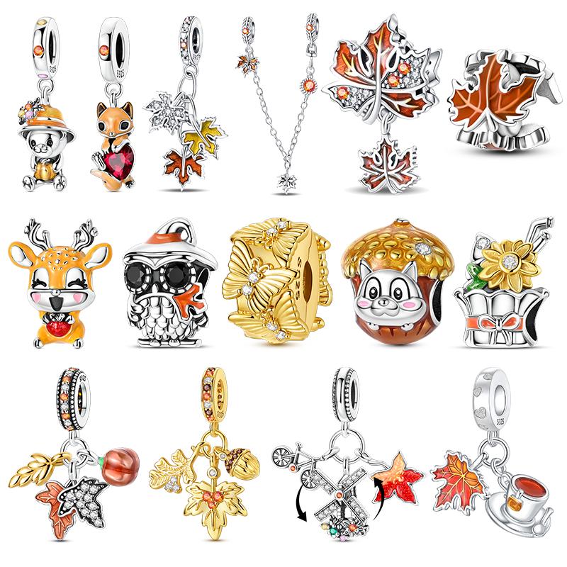 Copper Charm Autumn Series Maple Leaf Squirrel Deer Pendant Beads Fit Original Bracelets Fine Diy Birthday Jewelry