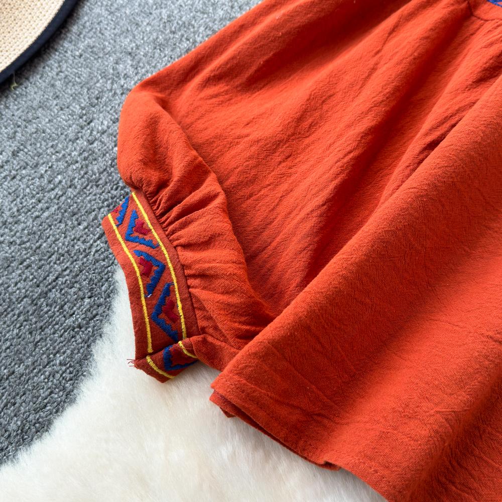 Женская блузка в этническом стиле с круглым вырезом и вышитыми рукавами-фонариками в стиле ретро, летние женские топы с цветными блоками