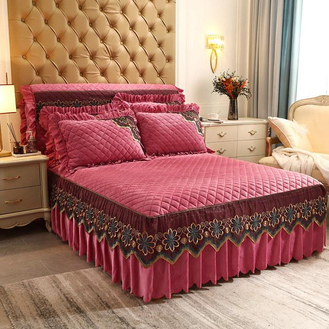 Европейское роскошное кружевное веерное покрывало для кровати, бархатное 200x220, стеганое покрывало королевского размера, юбка королевы, оборки, чехлы на изголовье
