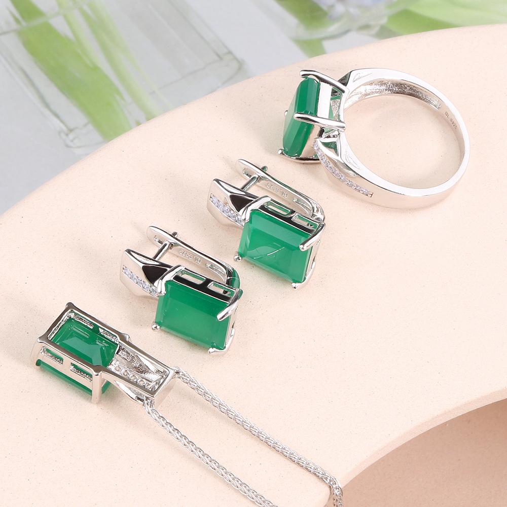 Зеленый агат, натуральный драгоценный камень, кольцо, серьги, ожерелье, комплект ювелирных изделий, стерлинговое серебро 925 пробы, модные ювелирные изделия, женский подарок