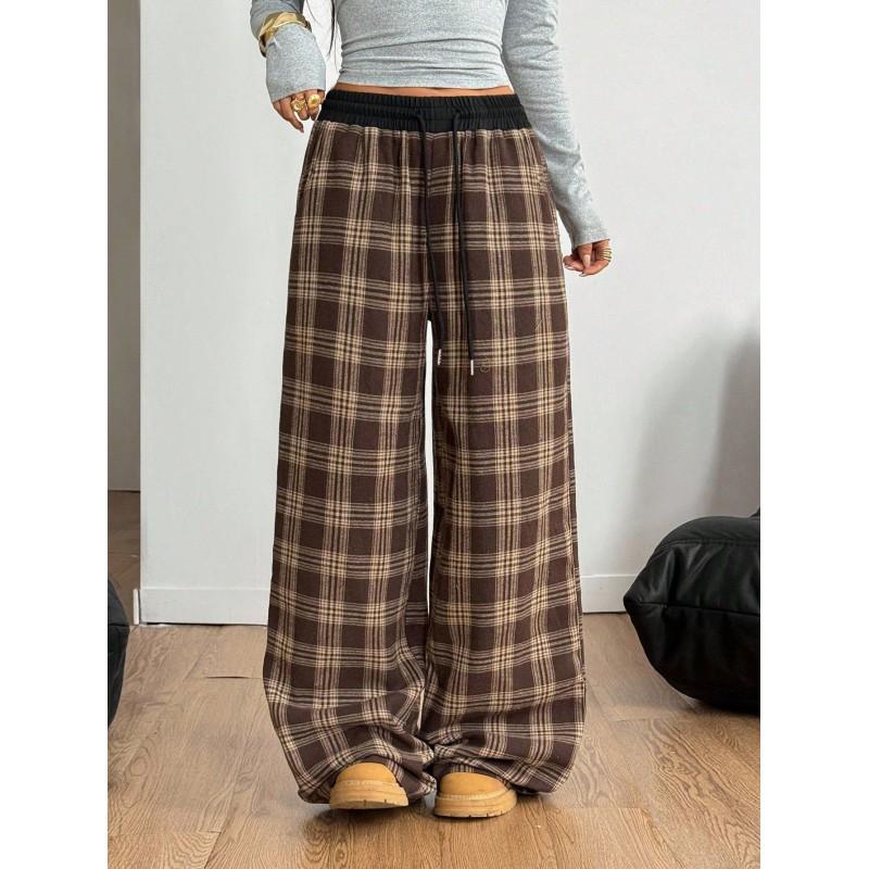 Womens Relaxed Fit Plaid Wide Leg Pants With Drawstring Waist Fall Winter Casual Trousers