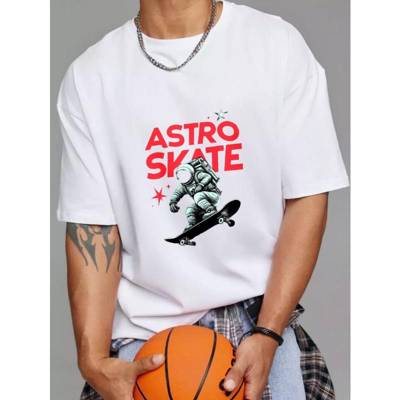 Astro Skate T Shirt White Astronaut Riding Skateboard with Red Text and Stars Graphic Streetwear Casual Wear for Men and Women