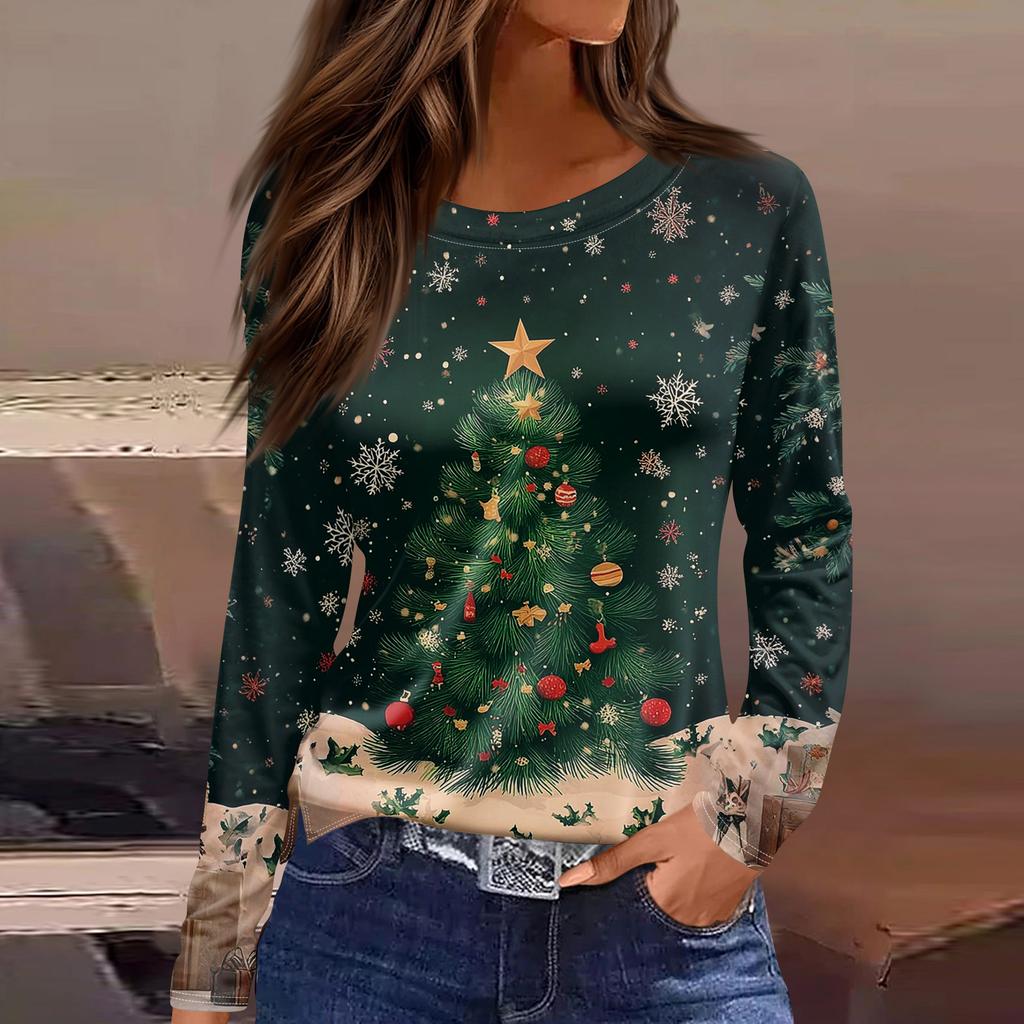 Женская мода повседневный топ с разрезом по низу и рождественским принтом с круглым вырезом и длинными рукавами