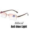 Интеллектуальные очки для пресбиопии с защитой от синего света для мужчин и женщин, очки для чтения для близи и дали, безободковые бифокальные очки от +1.0 до +4.0