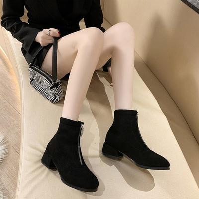 Осенние новые эластичные женские короткие сапоги на толстом каблуке с молнией спереди женские туфли с квадратным носком черные замшевые женские ботинки Femininas