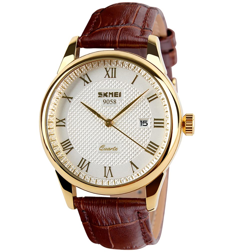 Brown Leather Belt Business Arm Watch Waterproof Quartz Analog Stylish Classic Casual Simple Date Lightweight Watch Day Gift White Watch for Men Men's