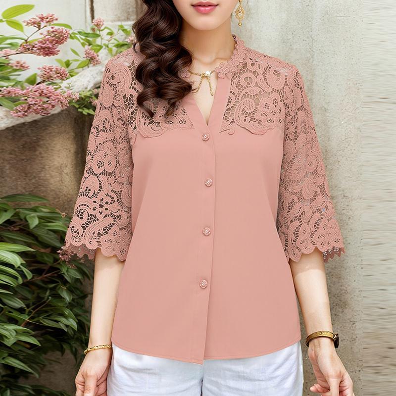 ZANZEA Женская летняя блузка с V-образным вырезом и рукавом 3/4, повседневная, с лоскутной вязкой крючком