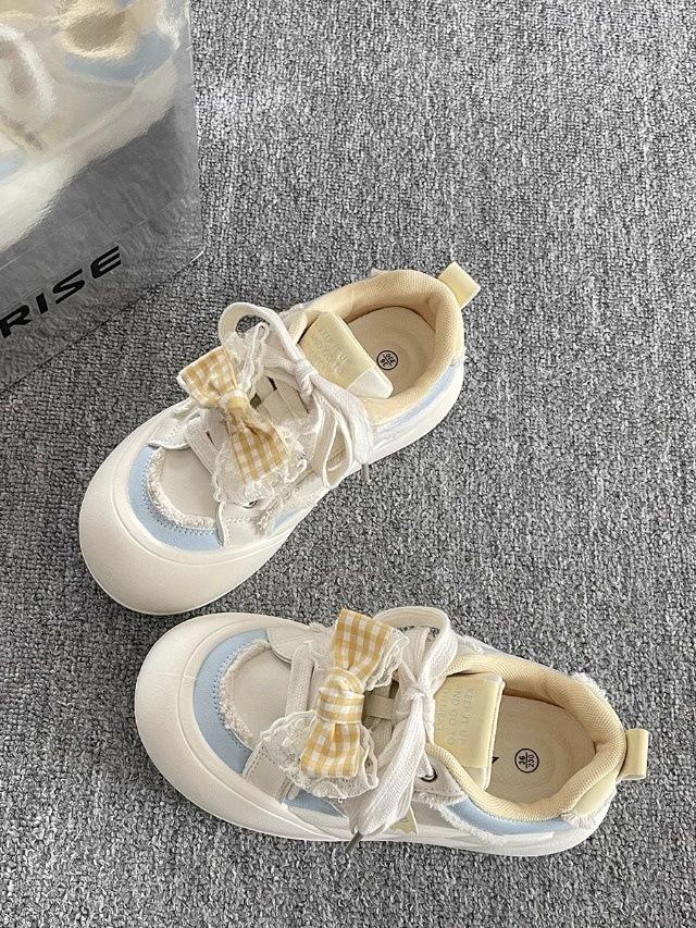 Dopamine bow big head board shoes женские весенние 2025 новые универсальные туфли на платформе белые туфли хлебные туфли