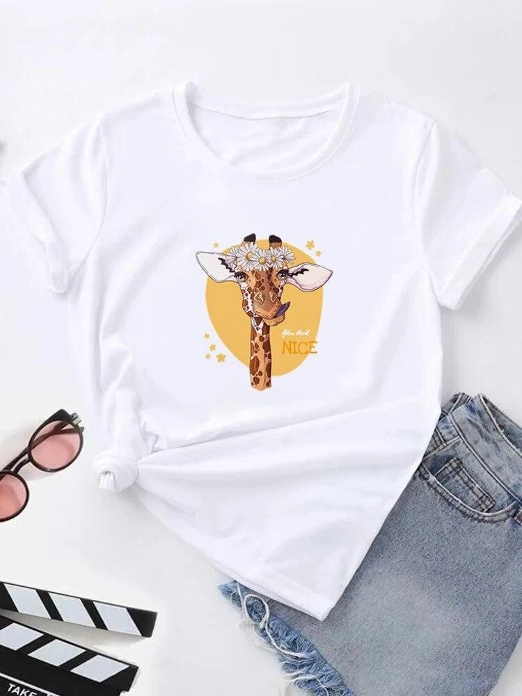 Футболка с летним принтом, женские футболки с рисунком Harajuku, корейская повседневная модная футболка с короткими рукавами Harajuku, белая футболка с круглым вырезом