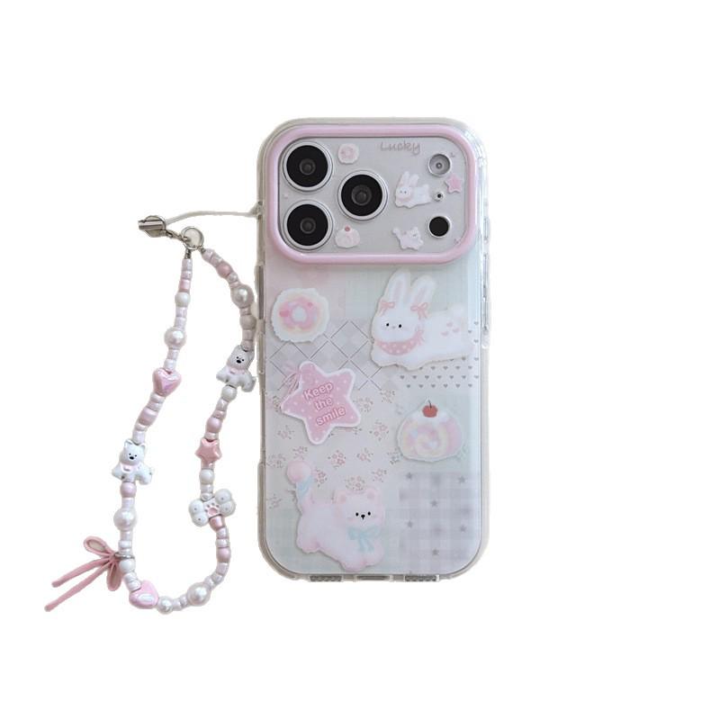 Girly Heart and Flower Patchwork Rabbit Puppy Phone Case for iPhone 17/16 Pro Max/15 Pro.