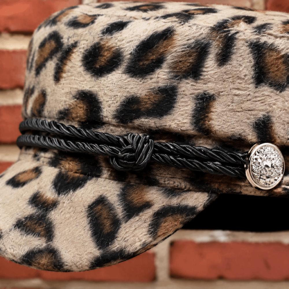 Decorative Button Flat Top Hat Braided Rope Decor Leopard Print Cap Autumn Winter