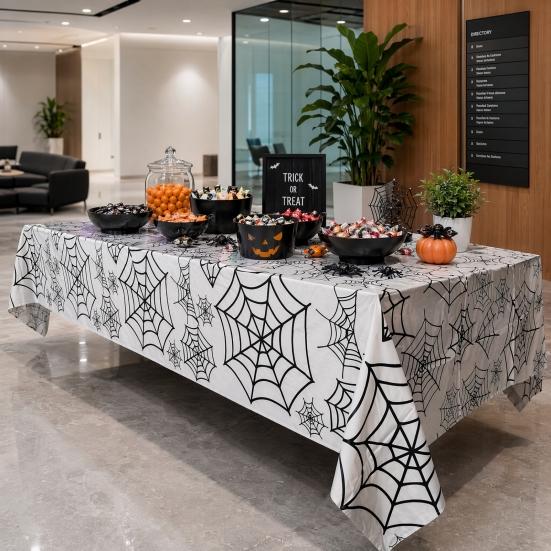 Halloween Table Runner Tablecloth, Plastic Spider Web Cloth, Disposable Rectangle Spiderweb Durable Party Supplies Cover for Kitchen, Dinner