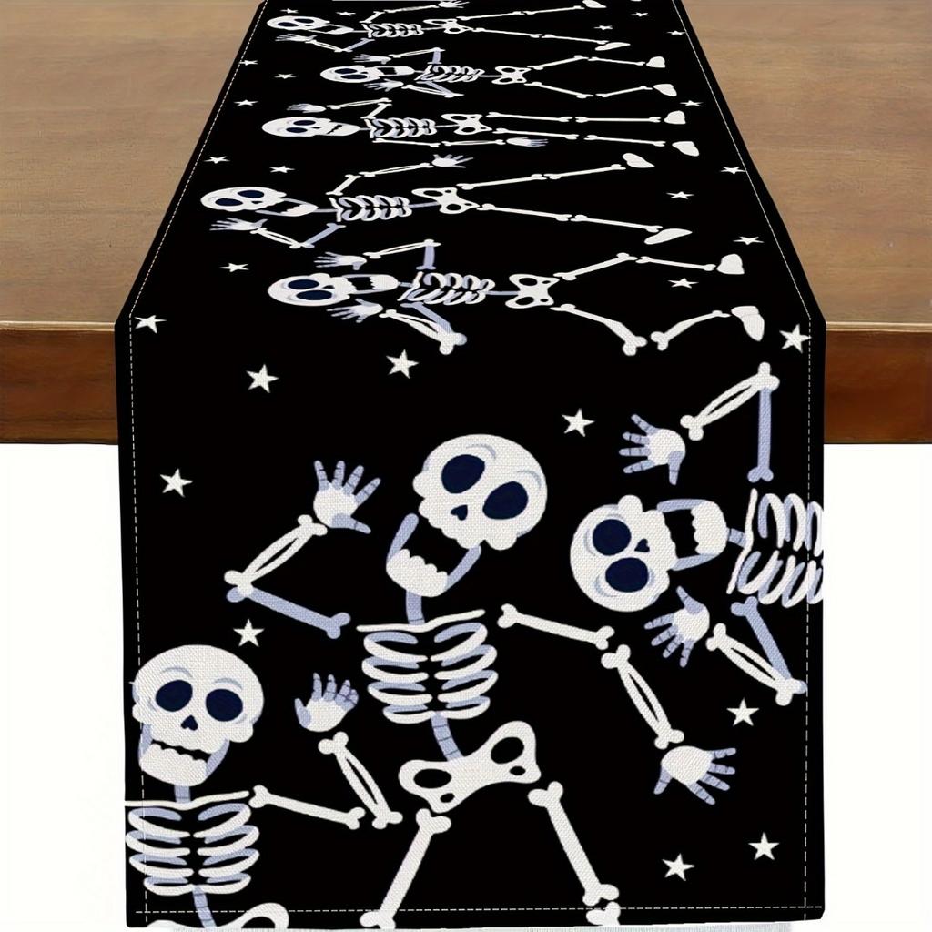 1pc Black Halloween Table Runner Skeleton Dance Print Table Runner Waterproof Durable Tablecloth for Halloween Party Decoration