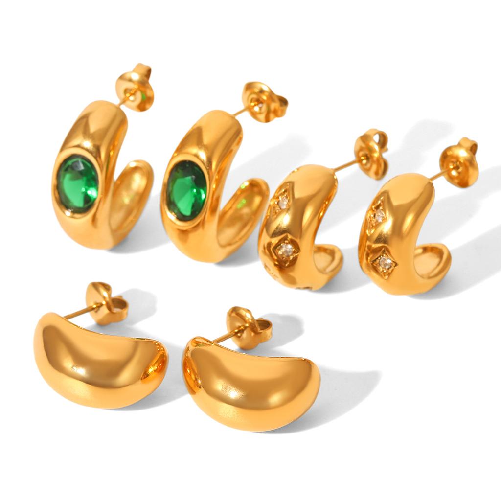 18K Gold C-shaped Stainless Steel Earrings with Zircon Inlay, Stylish Light Luxury Titanium Steel Ear Jewelry