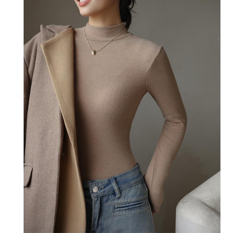 Women's Fall and Winter Half-high Neck Bottoming Inside Plus Thin Velvet Slim Long-sleeved Tops